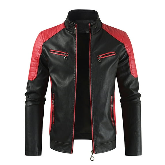 Tejiojio Winter Clearance DiscountMen's Stand Collar Pocket Zipper Color Block Casual Leather Jacket