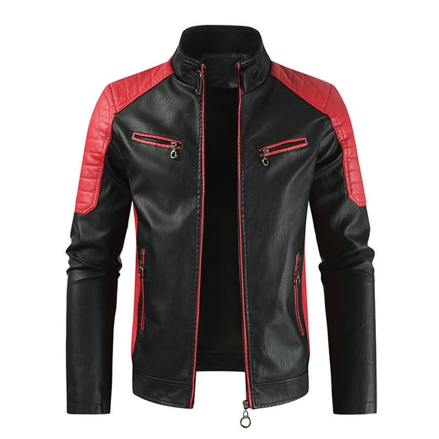 Chaqueta de cuero casual de bloque de color con cremallera y bolsillo con cuello alto para hombre Pompotops oipoqjl13859