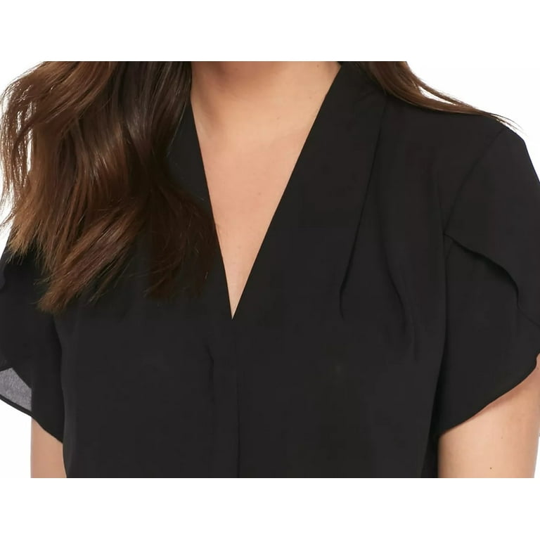 Calvin Klein Women s Black Woven Blouse with V neck Short Tulip Sleeves Size Small Walmart
