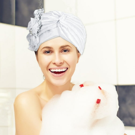 Soimiss Stylish White Satin Turban Hat Female Headwrap for Home Hair Care and Decoration