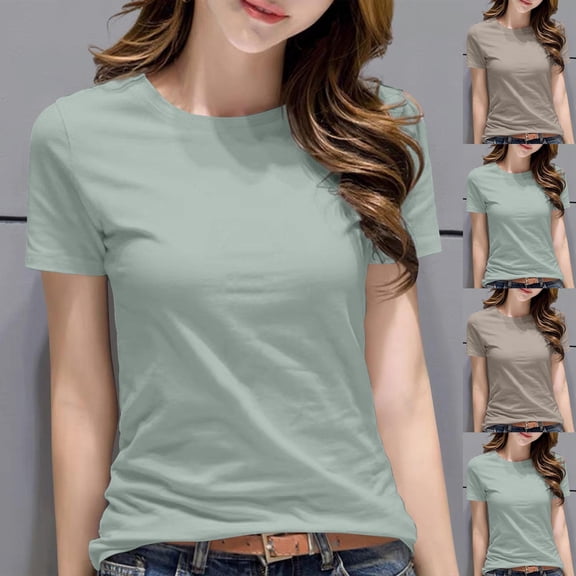 YHAJDS Plus Size T-shirt for Women Short Sleeve Round Neck Structured Shoulder Solid Color Tee