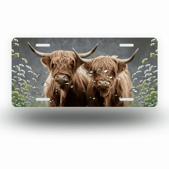 License Plate,Two Highland Cows with Flowers Decorative Front,Personalized Stainless Steel License Plate Cover For Men Women,12.2" X 6.2"