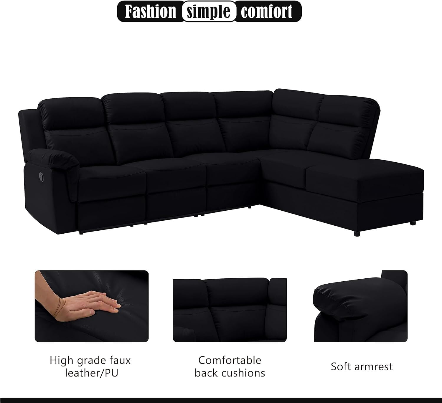 Aukfa Leather Sectional Sofa Couch, 110" Recliner Sofa Chair with Storage Chaise for Living Room, 5 Seater, Black