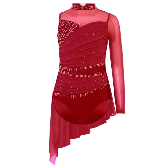 Haitryli Girls Lyrical Figure Skating Dance Dress Glitter Rhinestone Leotard Mesh Skirt Irregluer Hem Competition Dancewear Burgundy 6