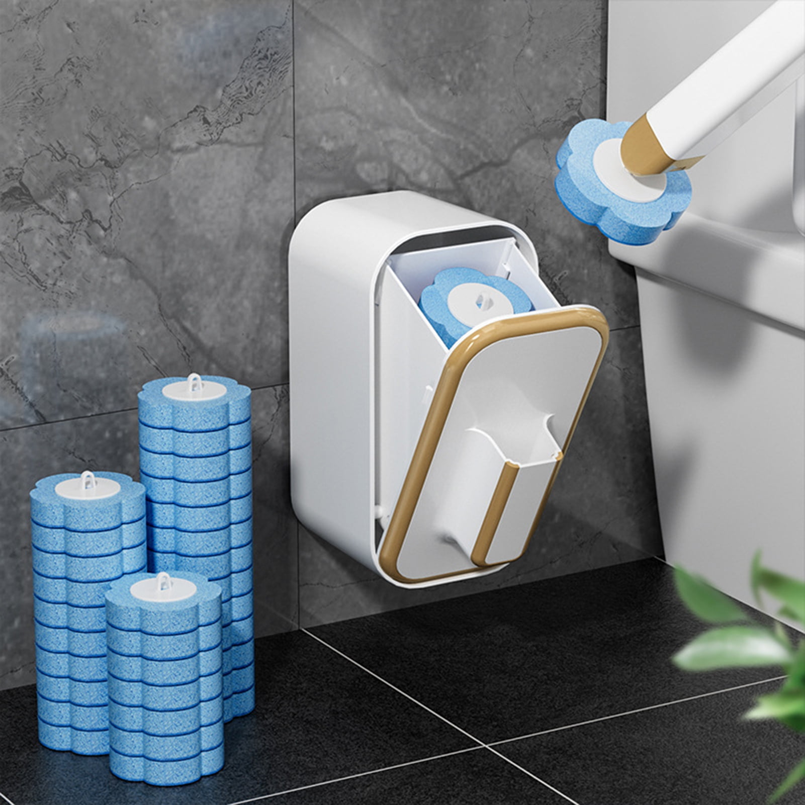 Opvise Disposable Toilet Brush with Water-Soluble Head - Ergonomic Handle, Wall-Mounted Base, Multi-Surface Cleaning Tool for Bathroom, Sink, and Floors