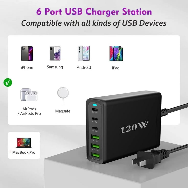 8-Port USB Charging Station, 120W, USB-A, USB-C with PD Charging