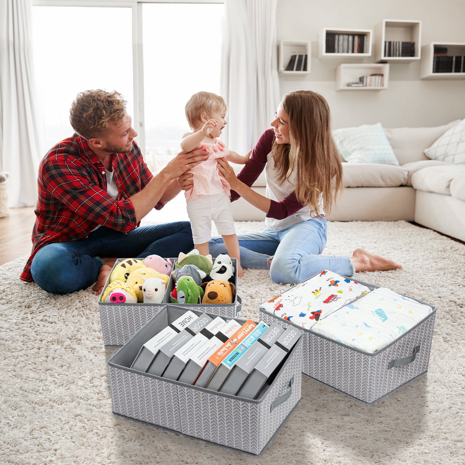 Storage Bins, 3 Pcs Fabric Storage Cube Bins, Folding Closet Organizer Baskets Trapezoid Toys Organizer Box for Kids, Jeans, DVD, Book, Baby Clothes Organizer, Home Organization, Ash Gray