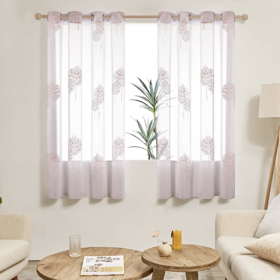 ZOPZO Sheer Window Curtains, Faux Linen Leaves Embroidered, Pink/White, 52W x 63L Inch, Rod Pocket Drapes for Bedroom Living Room, 2 Panels