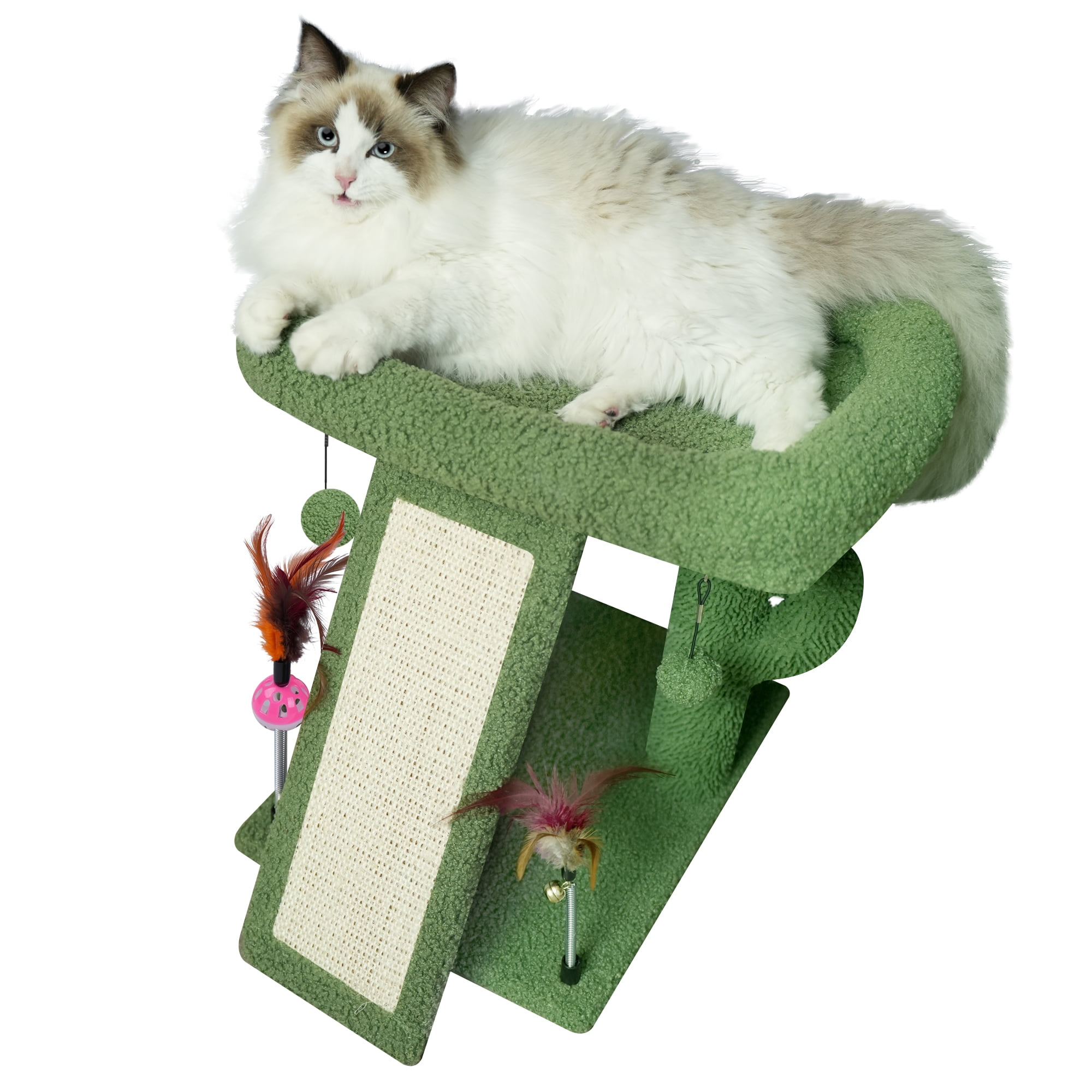 AIWIKIDE Desert Cactus Cat Tree with Condo and Scratch Post Hammock Hanging Ball, Green
