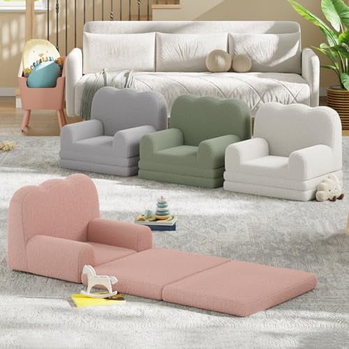 Kids Couch, 2-in-1 Convertible Teddy Fleece Fabric Toddler Sofa Chair, Soft Fold Out Couch Lounger for Kids, Comfy Children's Sofa Bed for Playroom, Nursery, Birthday Gift, Pink