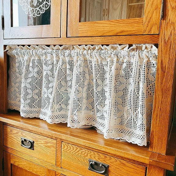 tasrioml Farmhouse Rustic Short Curtain Light Filtering Vintage Sheer Lace Cabinet Curtain Boho Kitchen Dining Room Small Window Rod Pocket Crochet Curtain