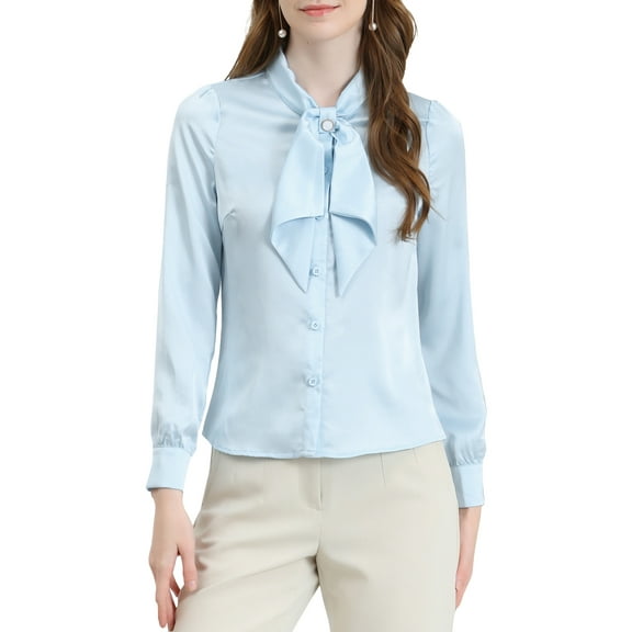 Allegra K Women's Button Down Shirt Tie Neck Satin Blouse Business Casual Tops