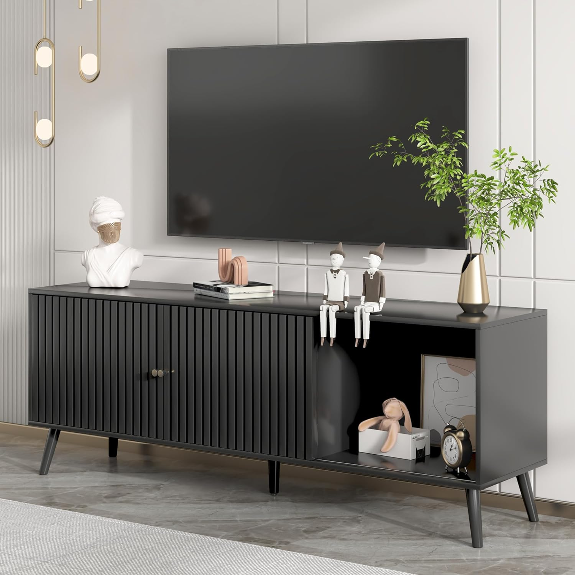 Oubayajia Mid-Century Modern 63" TV Stand with Sliding Doors, Black photo 4