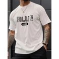 thumbnail image 1 of Camiseta de manga corta con cuello redondo y estampado de letras azules para hombre, transpirable, estilo urbano, informal y cómodo para primavera, verano, vacaciones, regalo para adultos, hombres, mu, 1 of 7