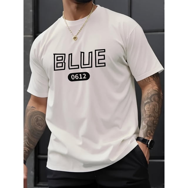 Camiseta de manga corta con cuello redondo y estampado de letras azules para hombre, transpirable, estilo urbano, informal y cómodo para primavera, verano, vacaciones, regalo para adultos, hombres, mu