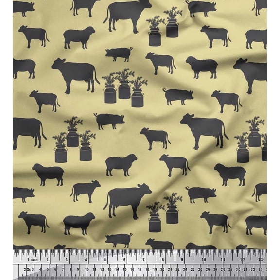 Soimoi Beige Poly Georgette Fabric Stencil Cow & Pig Animal Printed Fabric 1 Yard 42 Inch Wide