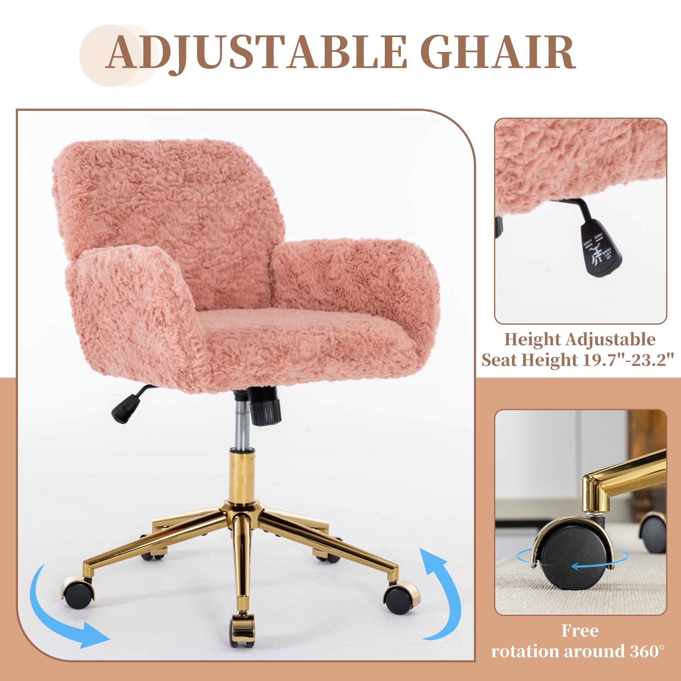 ENYOPRO Office Chair with Chrome Legs, Ergonomic Teddy Desk Chair Vanity Chair with Wheels, Modern Computer Chair for Home Office,Pink
