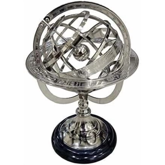 Thor Instruments Armillary Nautical Sphere 8 in Silver Nautical Tabletop Geographic Globes, Engraved Brass with Base