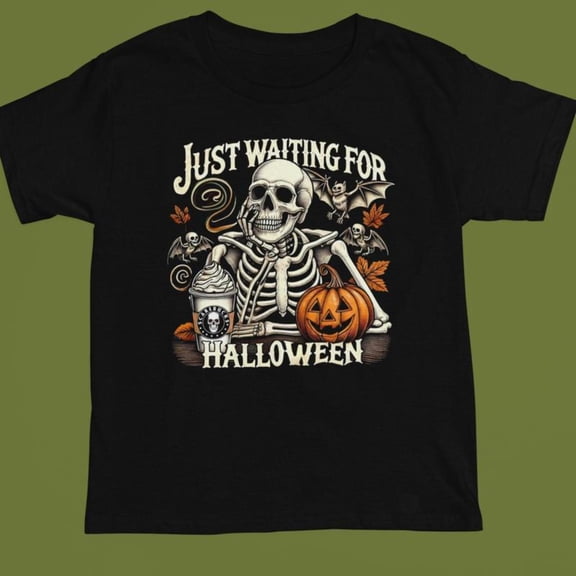 Spooky Season - Themed Patterned Tee,Tops Boasts "JUST WAITING FOR HALLOWEEN" Text Design,Round Neck Regular Fit T - shirts, Size(S - 5XL)