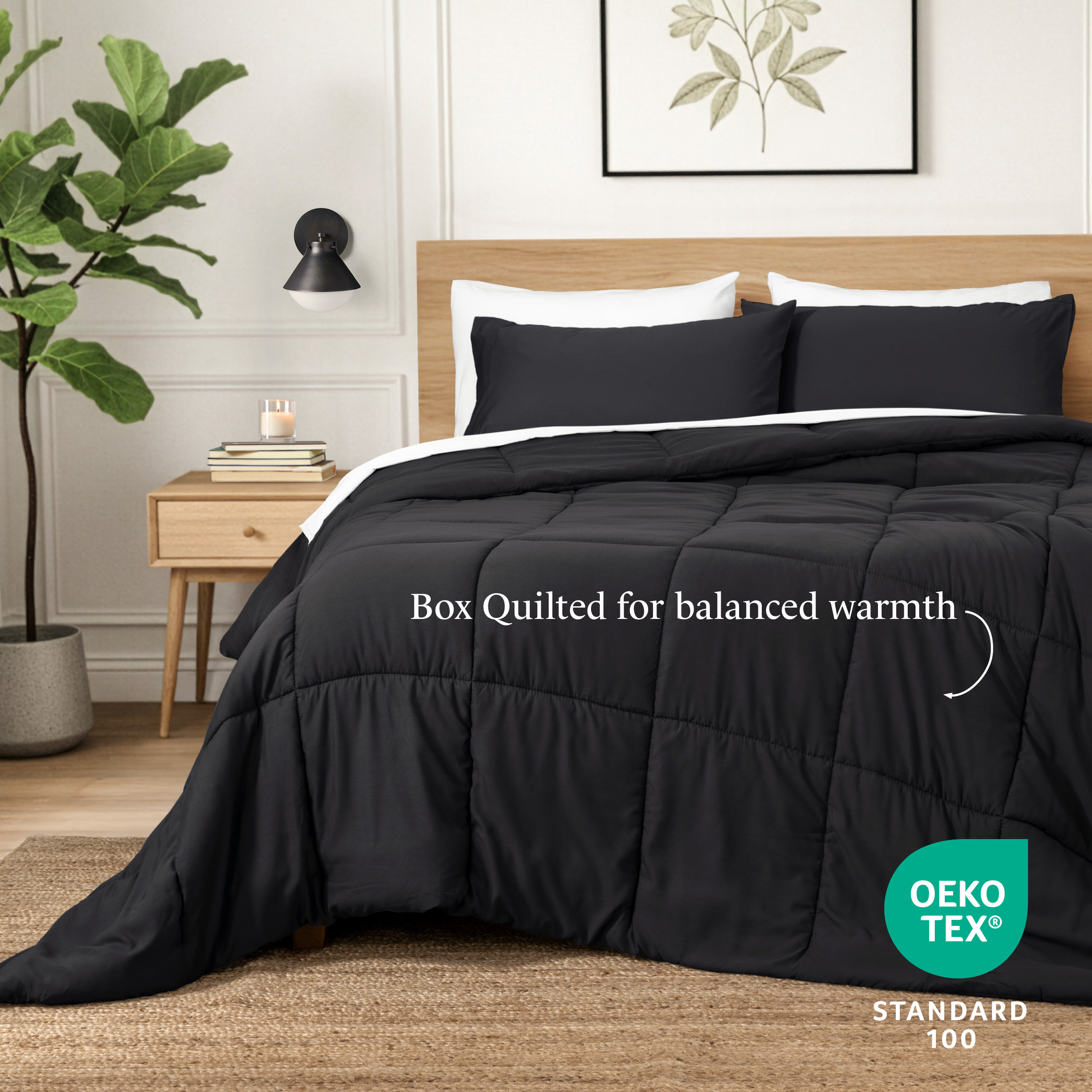 Ivy Union Comforter Set - Box Stitch - Easy Care Ultra-Soft Microfiber - All Season Warmth - Bedding Comforter - King - Black