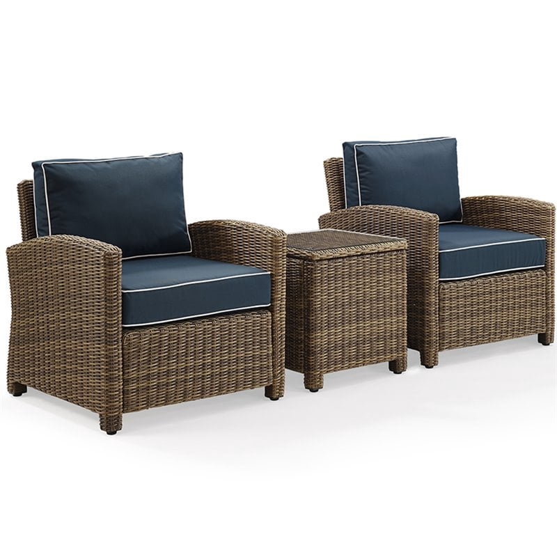 Crosley Furniture Bradenton 3 Piece Outdoor Wicker Conversation Set With Navy Cushions Two Arm Chairs Side Table Walmart Com Walmart Com