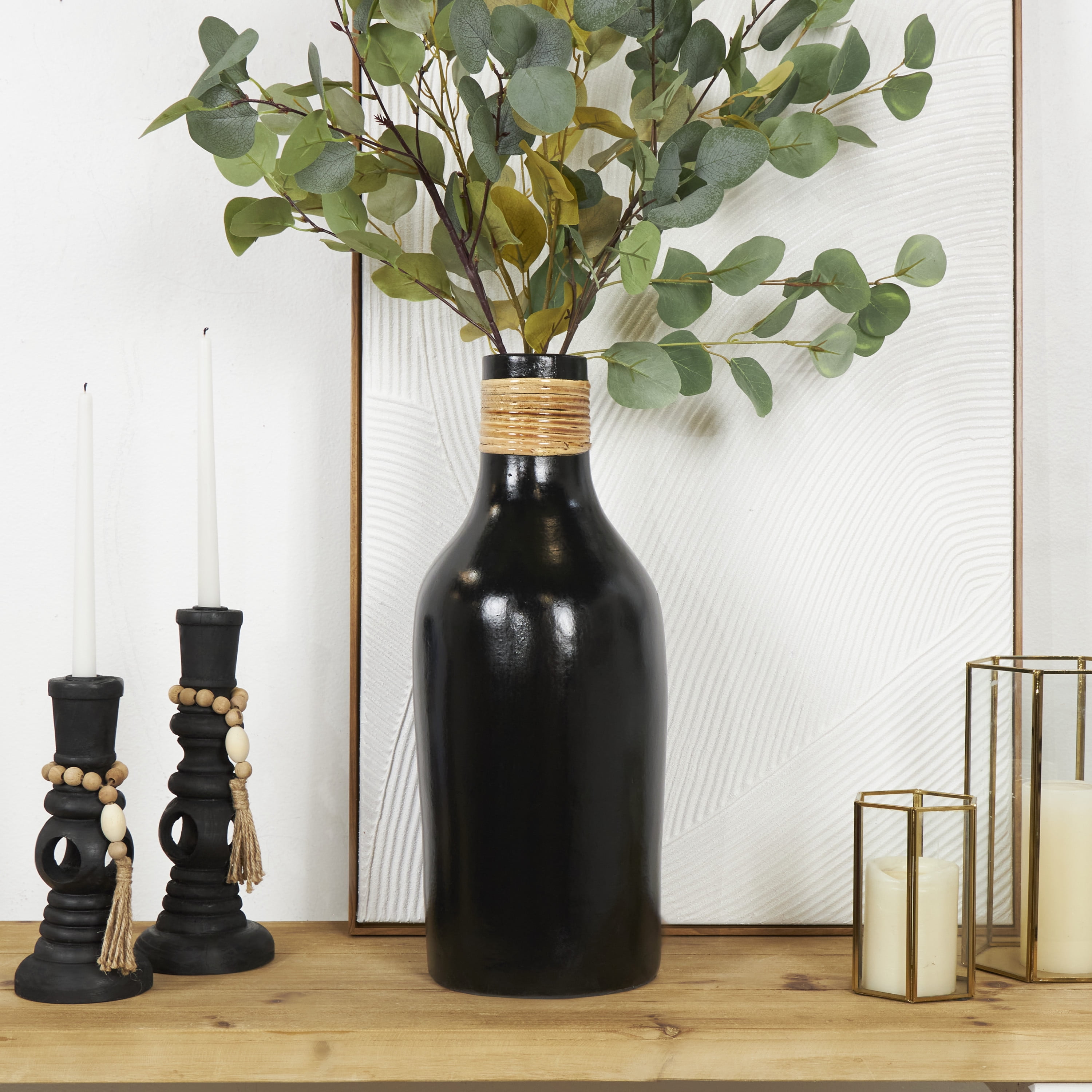 DecMode 19" Black Ceramic Vase with Wrapped Rattan Detailing