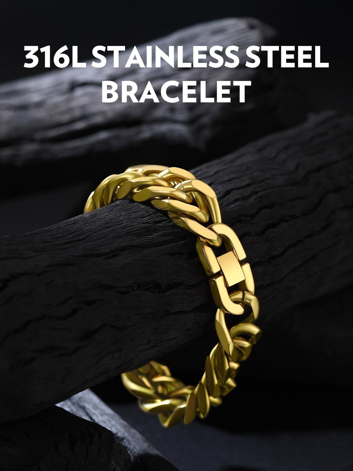 Bandmax 17MM 14K Gold Plated Cuban Chain Bracelets for Men Stainless Steel Miami Curb Link Hand Chain Wristlet Birthday Valentines Father Day Gift for Dad Son Husband Grandpa