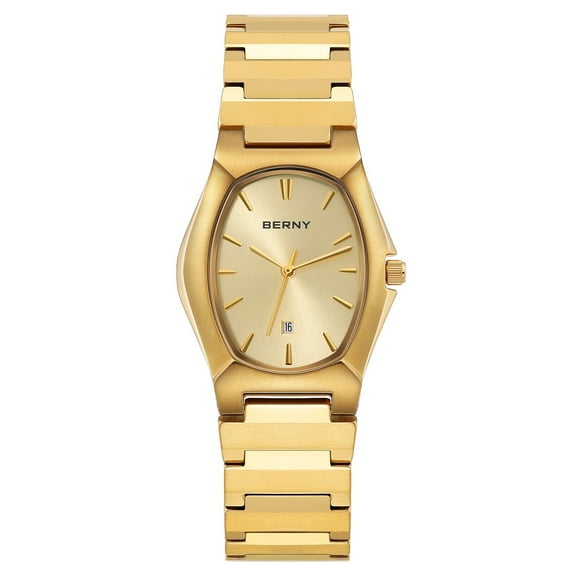 BERNY Gold Quartz Watch for Men Luxury Classic 3ATM Waterproof Wrist Watches with Stainless Steel Oval Case and Band-Birthday Gifts Present-Sunray Gold Dial