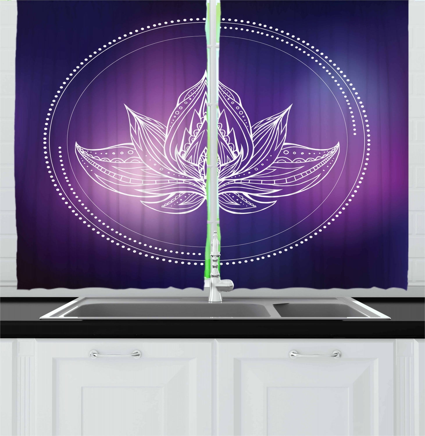 Galaxy Mandala Curtains 2 Panels Set, Boho Style Lotus Flower Illustration on Space Background, Window Drapes for Living Room Bedroom, 55W X 39L Inches, White Violet and Dark Purple, by Ambesonne