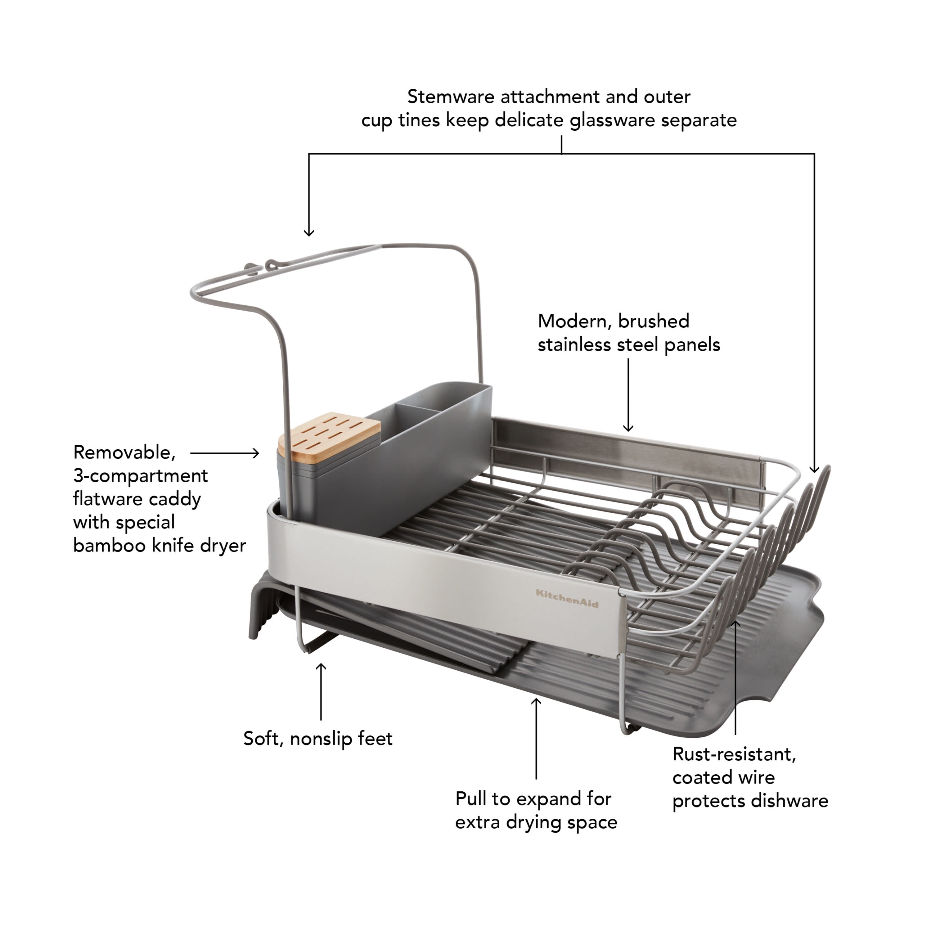 KitchenAid Large Capacity,Full Size, Rust Resistan Dish Rack with Self  Draining Angled Drain Board and Removable Flatware Caddy, Light Grey, Gray