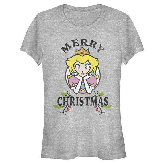 Junior's Nintendo Christmas Princess Peach Graphic Tee Athletic Heather X Large