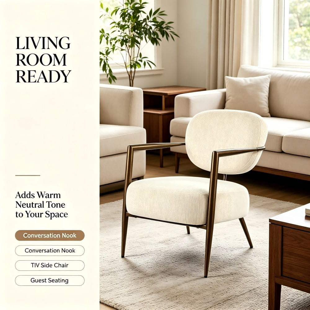 Accent Chair, Mid Century Modern Upholstered Lounge Chair with Metal Frame, Textured Fabric, Padded Seat & Back for Living Room, Bedroom & Office, White
