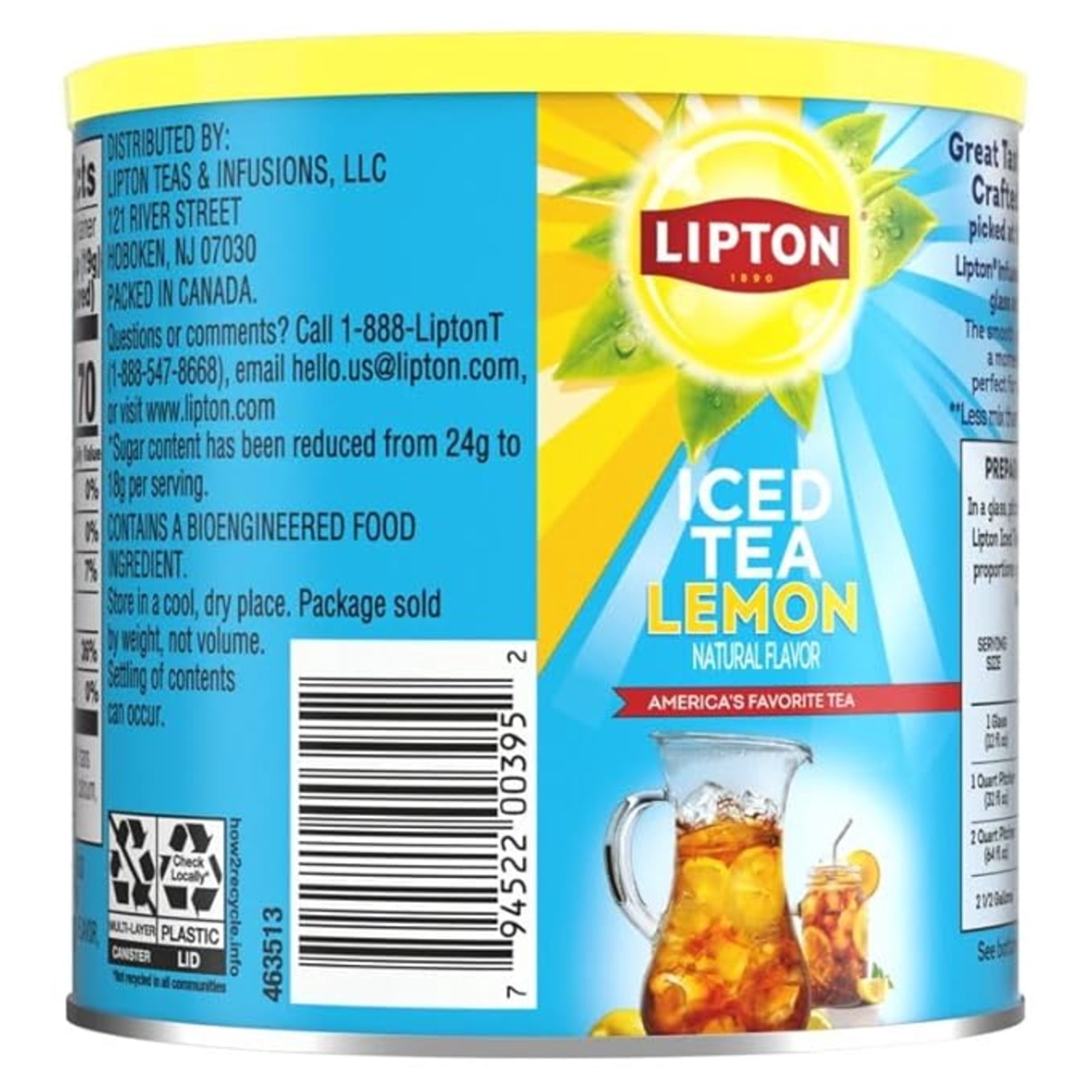Lipton Reduced Sugar Lemon Iced Tea Mix, Powder Drink Mix, 10 Quarts Each (Pack of 6, Makes 60 Quarts Total)
