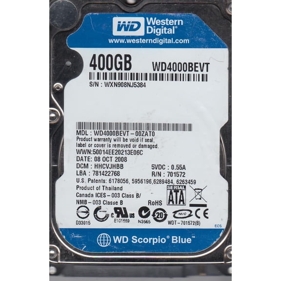 WD4000BEVT-00ZAT0, DCM HHCVJHBB, Western Digital 400GB SATA 2.5 Hard Drive