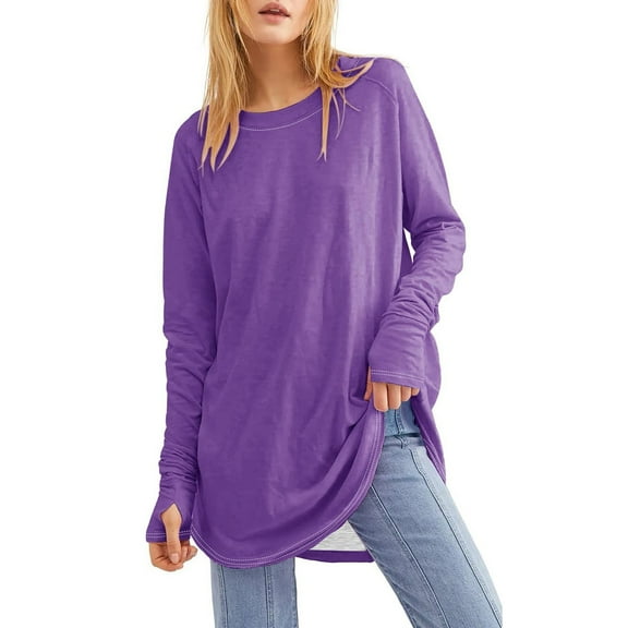 Womens Long Sleeve Tops Crew Neck T Shirts for Women Tunic Tops with Thumb Holes Fall Outfits for Women 2025 Purple L