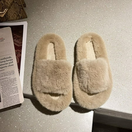

PIKADINGNIS Winter House Fluffy Ladies Fur Slippers Open-Toe Solid Bedroom Flat Girls Warm Plush Shoes Indoor Women Fluffy Slides