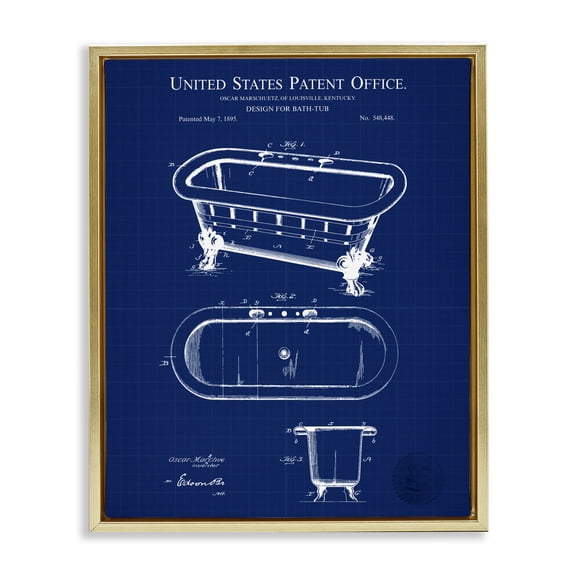 Stupell Industries Modern Blue Bathtub Patent Blueprint Gold Floating Frame Canvas Art, 17 x 21, by Karl Hronek