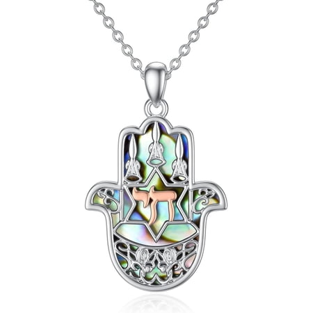 Hebrew Chai Necklaces Sterling Silver Hamsa Hand Pendant Necklace with Abalone Shell Jewish Jewelry Christian Gifts for Women Men