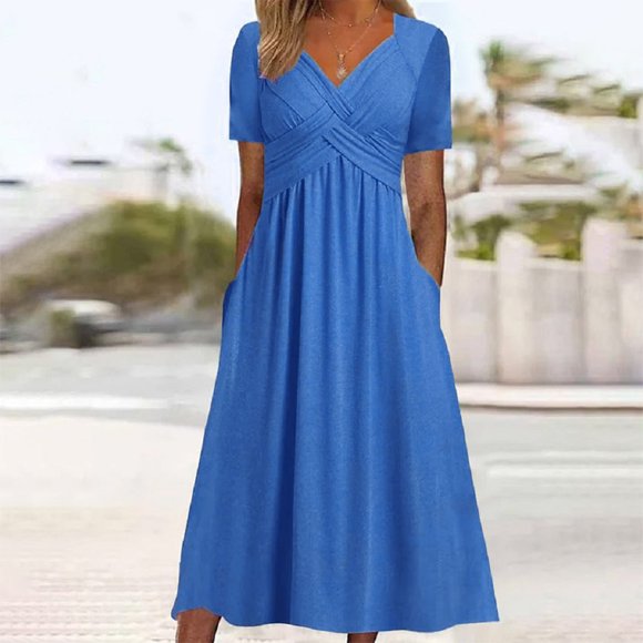 Baikeli Cheap Dresses for Women Wedding Guest Dresses for Women Casual Summer Sundresses Short Sleeve Maxi Dress Solid Color Dresses Vneck Flowy Dress Spring Maxi Dresses for Women 2024