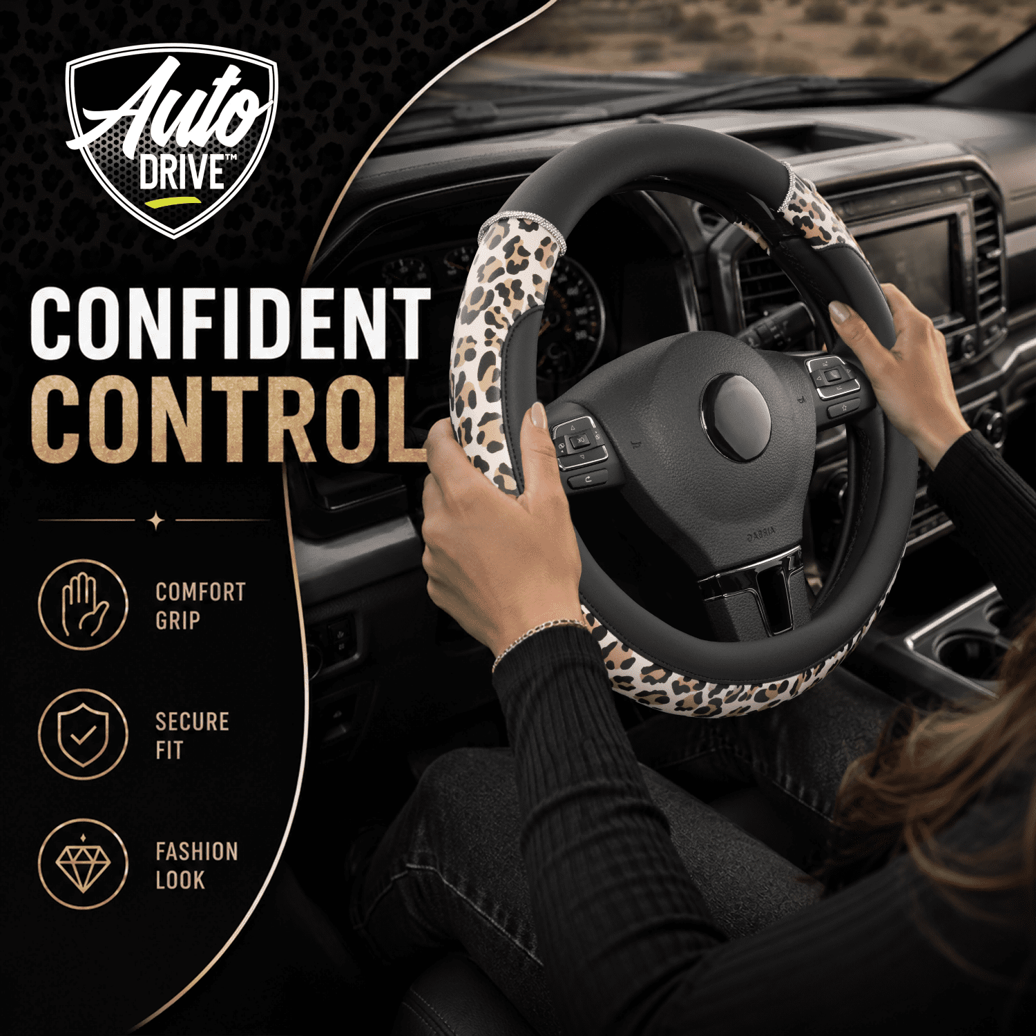 Auto Drive Steering Wheel Cover, Pink Leopard Print with Rhinestone Accents Steering Wheel Cover, Fashion Steering Wheel Cover,Non-Slip Grip, Universal Fit for Cars, SUVs & Trucks,Beige