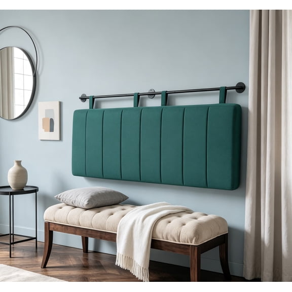 King Headboard Only, Wall Mounted Hanging Upholstered, Modern Vertical Channel Design of Fine Linen, Elegant Dark Green Fluted, King Size