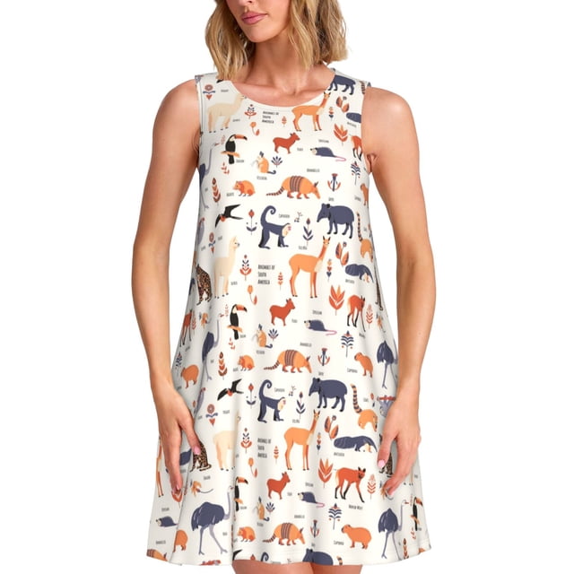 Vsdgher Robes d'Été Imprimé Animaux Sud-Américains pour Femmes Robe de Plage Décontractée Col en U Sans Manches Robe Débardeur Ample avec Poche