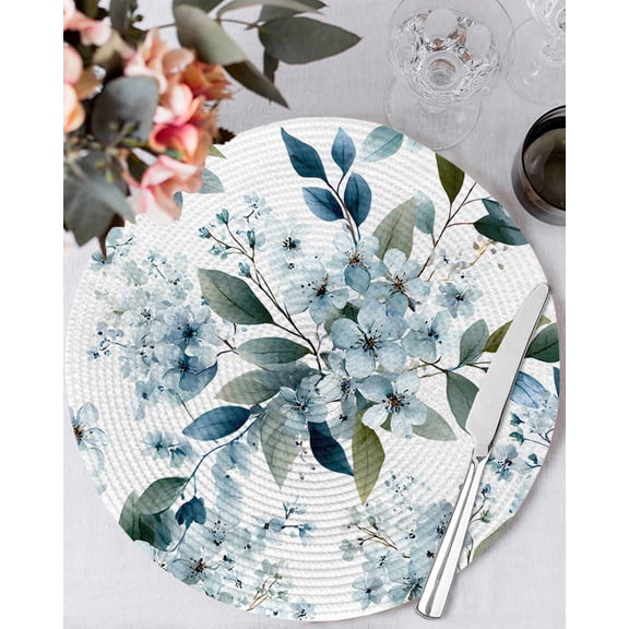 15 Inch Round Placemats Set of 6, Watercolor Flowers Non Slip Heat Insulation PP Table Mats, Spring Floral Leaves Botanical Blue Washable Place Mats for Kitchen Dining Party Table Decor