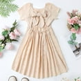 thumbnail image 4 of HILEELANG Little Girl Dress Short Sleeve Summer Cream Casual Tie Back Princess Elegant Party Dress 5-6T, 4 of 7
