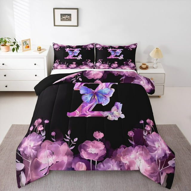 Erosebridal Butterfly Bedding Queen Comforter Set,Monogrammed Z Down Comforter,Purple Flower Bedding Sets Queen with Comforter,Room Decor Reversible,3 Pieces