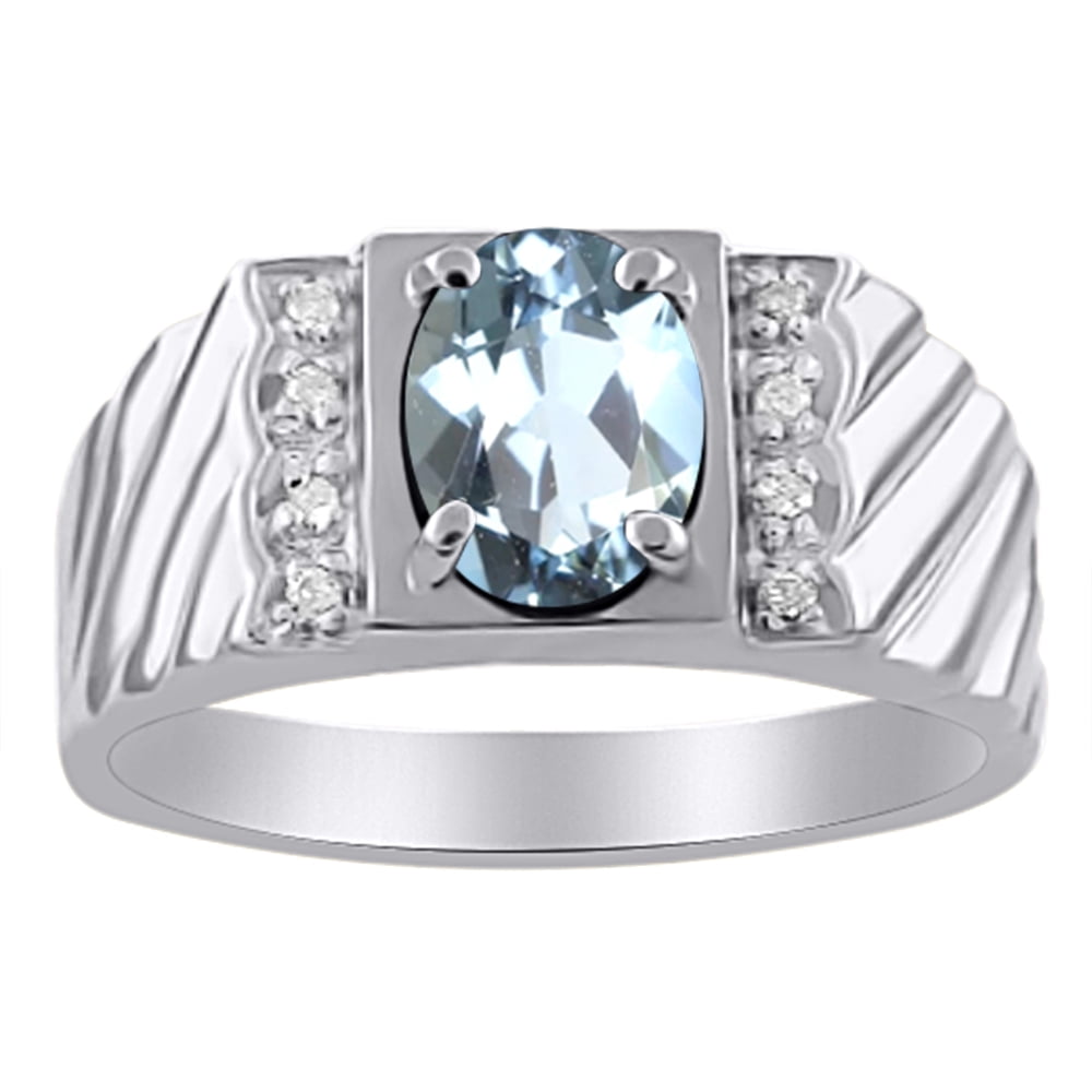 Mens Diamond & Aquamarine Ring 14K Yellow or 14K White Gold by Elie Int.