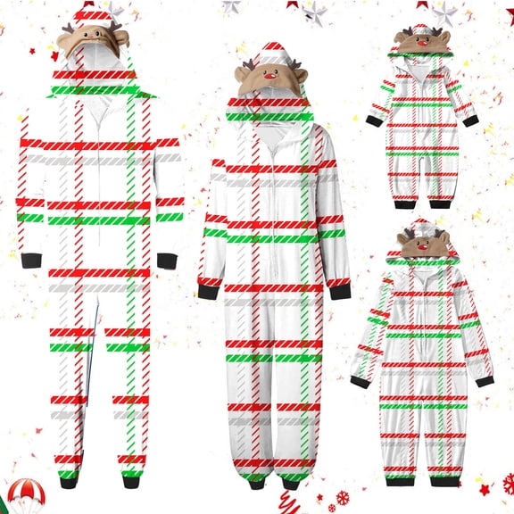 Odeerbi Matching Family Christmas Pajamas Sets Plaid Hooded Onesie Sleepwear Boys Girls Cute Xmas Lattice Print Plush Jumpsuit 2025 Long Sleeve Parent-Child Loungewear Jammies for Kids