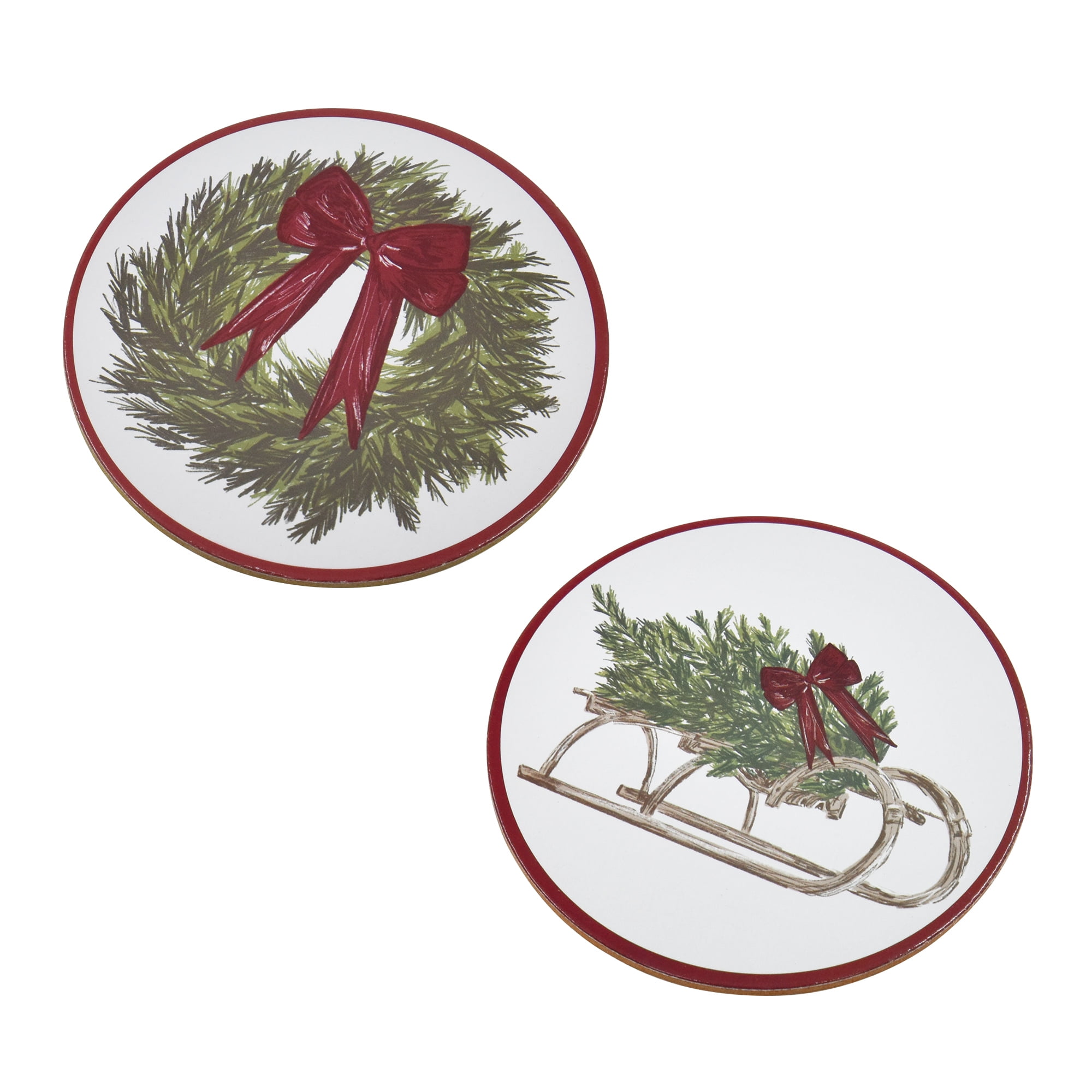 Holiday Time Lot de 4 dessous de verre ronds en liège isolant thermique avec couronne de Noël et guirlande, protection de table