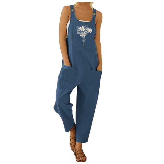 Conairie Women Overalls Flower Print Casual Boho Streetwear Rompers Summer Baggy Pants With Pockets Navy L
