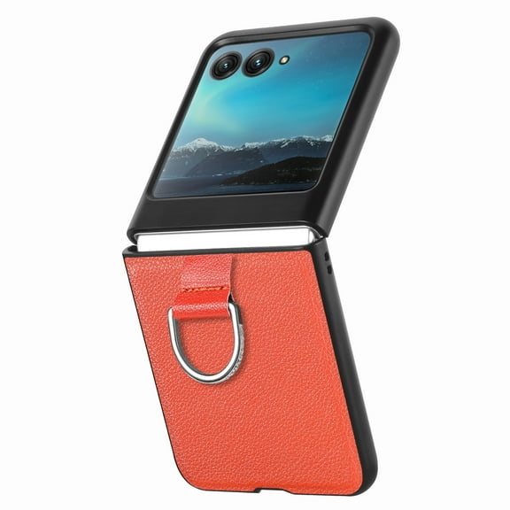 ELEHOLD for Motorola Razr 40 Ultra Leather Case Cover, with Metal Finger Ring Holder Slim Lightweight Shockproof Non-Slip Case for Motorola Razr 40 Ultra,Orange